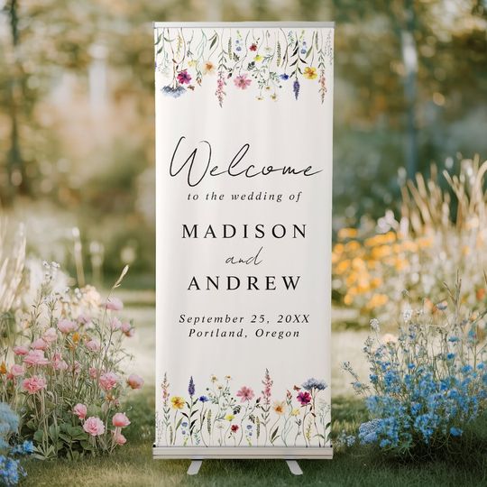 Discover Elegant Wildflower Meadow Cream Wedding Welcome Retractable Banner