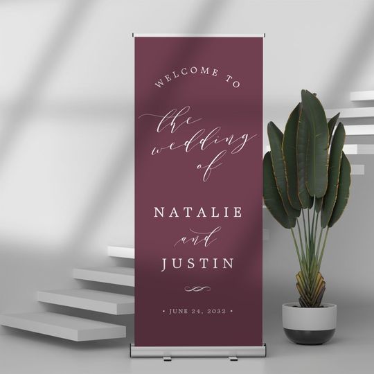 Discover Burgundy | Chic Calligraphy Wedding Welcome Retractable Banner