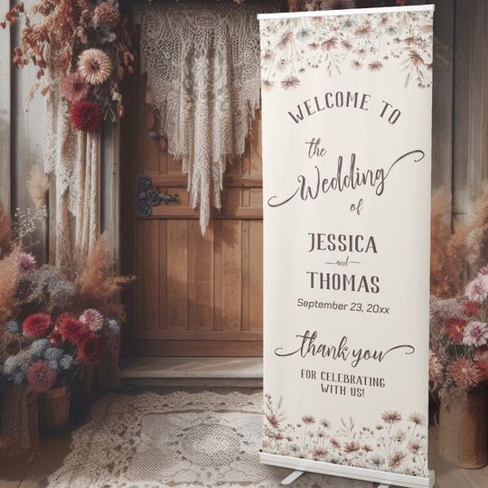 Discover Rustic Boho Chic Wildflowers Cream Wedding Welcome Retractable Banner