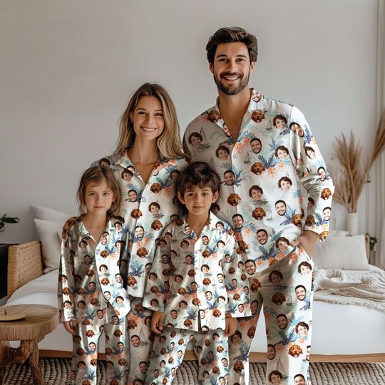 Discover Custom Hawaiian Pajamas with Face Human Pet, Custom Photo Comfort Colors Matching Family Pajamas Friendly Gifts Christmas Pajama