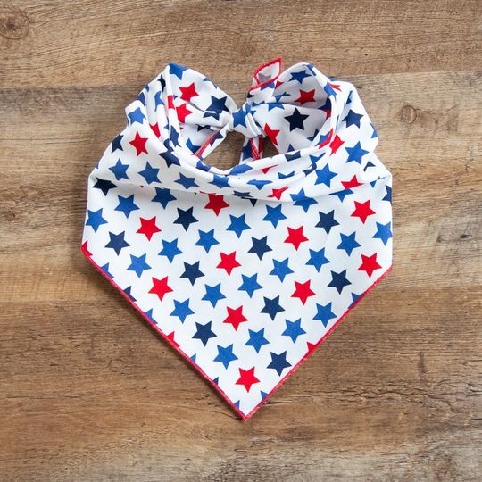 Discover 4th of July Dog Bandana, Blue & Red Stars on White, Tie On Dog Bandana