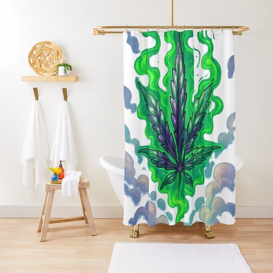 Discover Glowing Cloud Leaf – Purple-green cannabis in smoke and clouds Shower Curtain