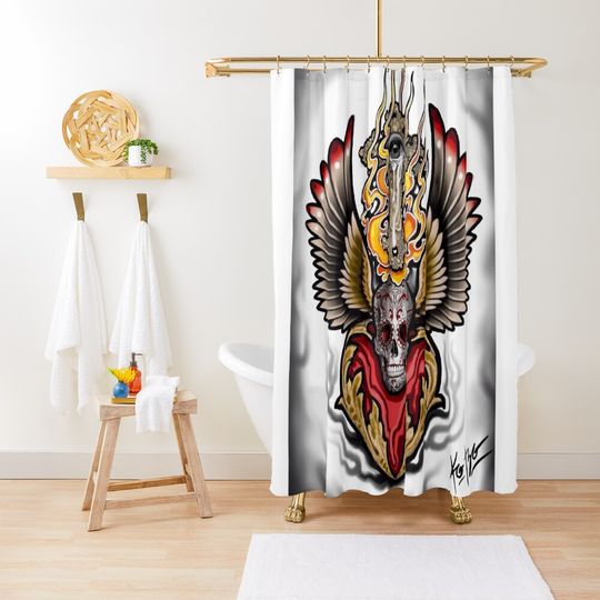 Discover Sacred heart ,wings ,cross with flames and skull  Shower Curtain