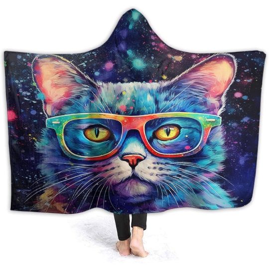 Discover Colorful Galaxy Cat with Glasses Hooded Blanket