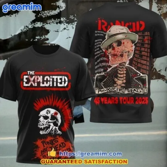 Discover The Exploited “Punks Not Dead” 45 Years Tour 2025 T-Shirt – 3D Punk Rock Graphic