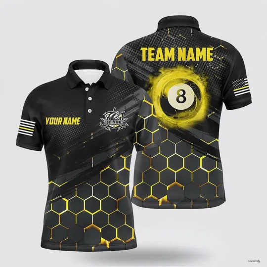 Discover Custom Name Team Billiard Polo Black Yellow Hexagon 8 Ball Pool Men Polo Shirts