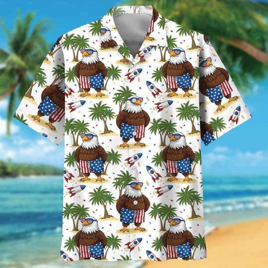 Discover Funny Bald Eagle Hawaiian Shirt, Patriotic Bird Print Button Shirt