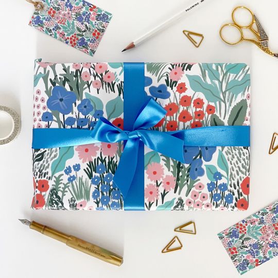 Discover Blue Flower Meadow Recyclable Wrapping Paper
