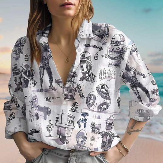 Discover Starr Warss Droid Drawings Linen-Look Shirt, Disneyyy Movie Women Blouse