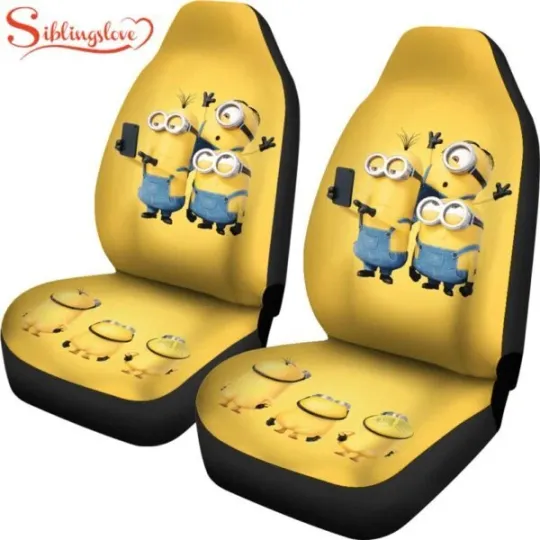 Discover Minion Selfie Car Seat Covers Funny Yellow Cartoon Design Auto Fan Gift