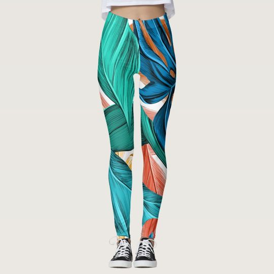 Discover Tropical Modern Green Palm Leaves Beach Coastal Leggings