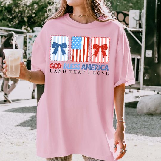 Discover God Bless America Land That I Love shirt, Coquette Christian 4th Of July shirt