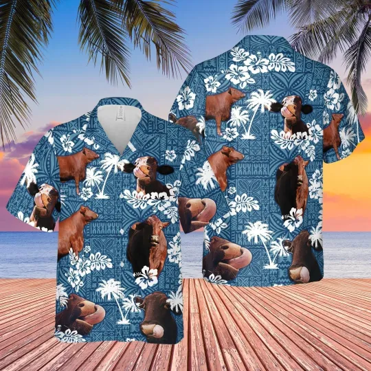 Discover Santa Gertrudis Cattle Blue Tribal All Over Printed 3D Hawaiian Shirt HO5407