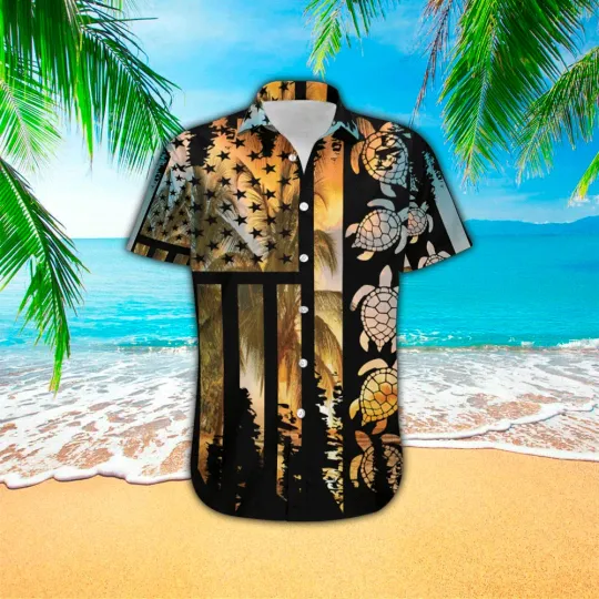 Discover Turtle Flag American Summer 3D Print Polyester Hawaiian Shirt HO1173