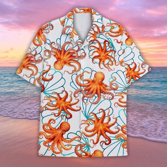 Discover Orange Octopus Hawaiian Shirt, Ocean Tropical Shirt, Sea Creature Shirt
