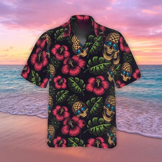 Discover Pineapple Skull Tropical Flowers Hawaiian Shirt, Horror Skull Aloha Shirt