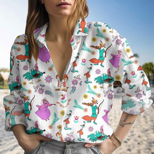 Discover Disneyyy Robinn Hoodd Linen-Look Shirt, Cartoon Forest Animals Blouse Shirt