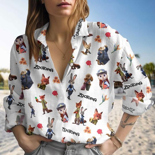 Discover Zootopiaa Linen-Look Shirt, Judy and Nick Cartoon Blouse Women Shirt