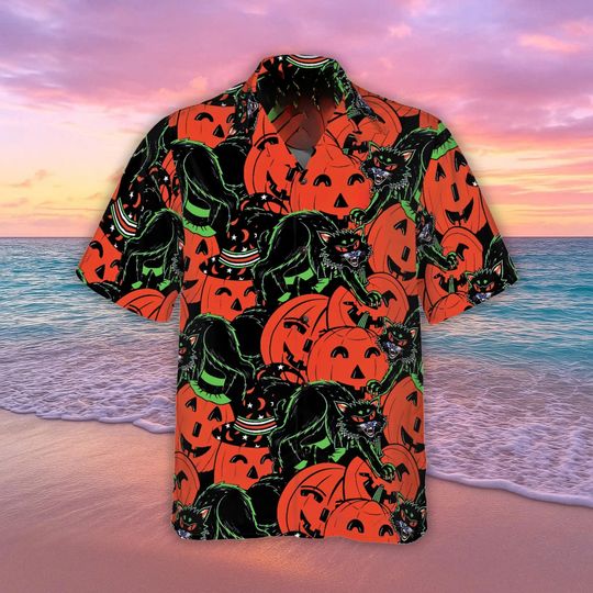 Discover Halloween Scary Pumpkin Black Cat Hawaiian, Summer Vacation Beach Shirt