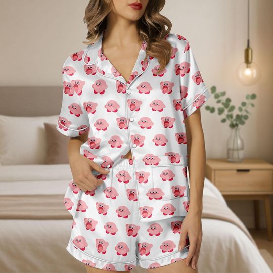 Discover Cute Kirby Cartoon Satin Short Pajamas