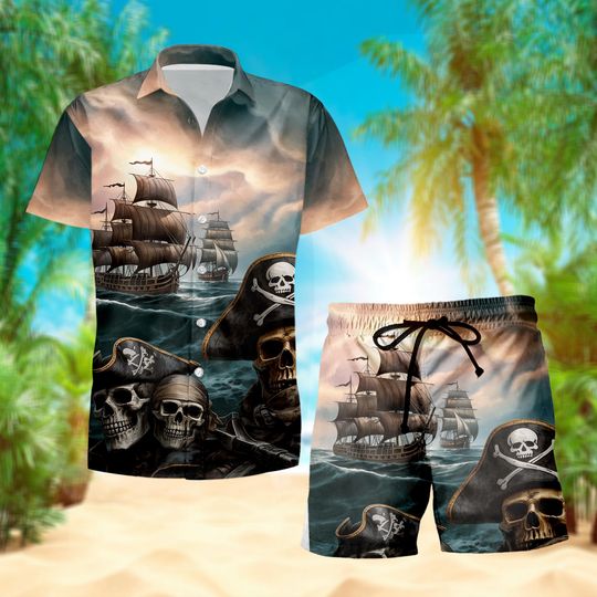 Discover Pirate Skull and Ship Hawaiian Shirt and Shorts Set, Vintage Ocean Print Summer Beach Outfit for Men, Gothic Pirate Clothing