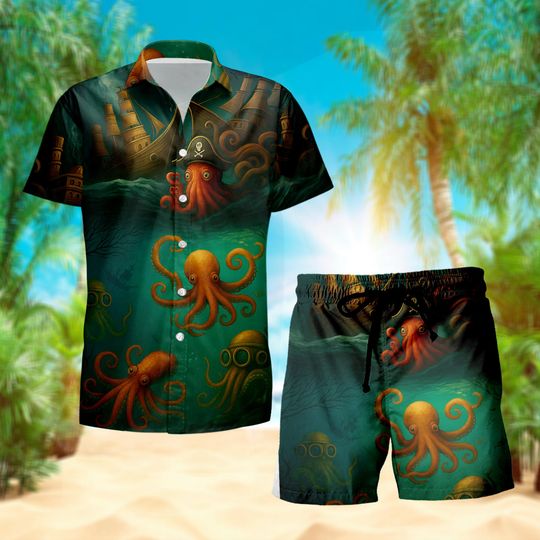 Discover Octopus Diving Hawaiian Shirt and Shorts Set, Funny Pirate Ship Underwater Summer Outfit for Men