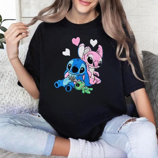 Discover Disneyyy Angel And Stitchh T-Shirt, Valentine Embroidery T-Shirt