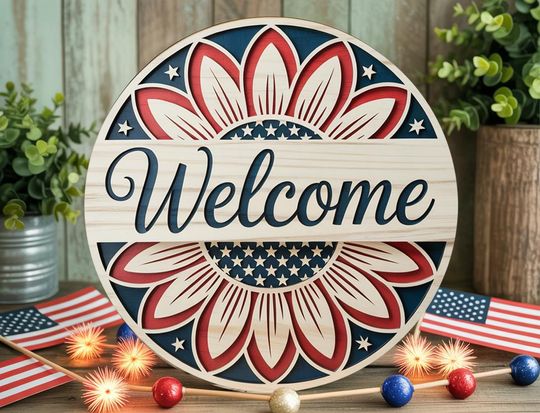 Discover Welcome Patriotic Door Sign 4th of July | American Flag Sunflower Round Sign