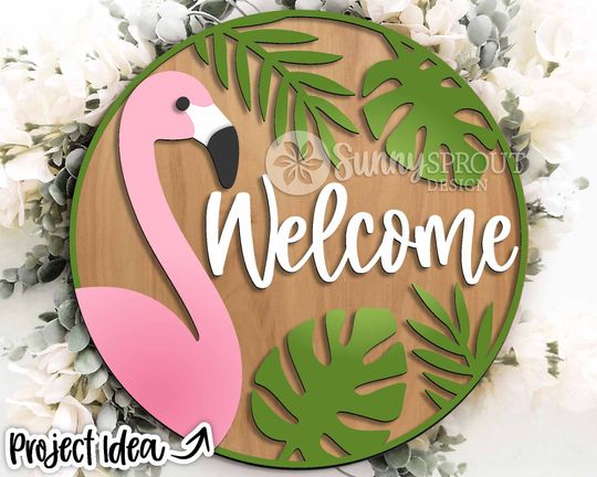 Discover Welcome Flamingo Leaf Sign, Round Wooden Signs, Summer Welcome Sign, Tropical decor