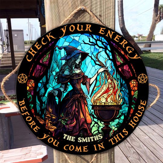 Discover Check Ya Energy - Personalized Witch Round Wood Sign