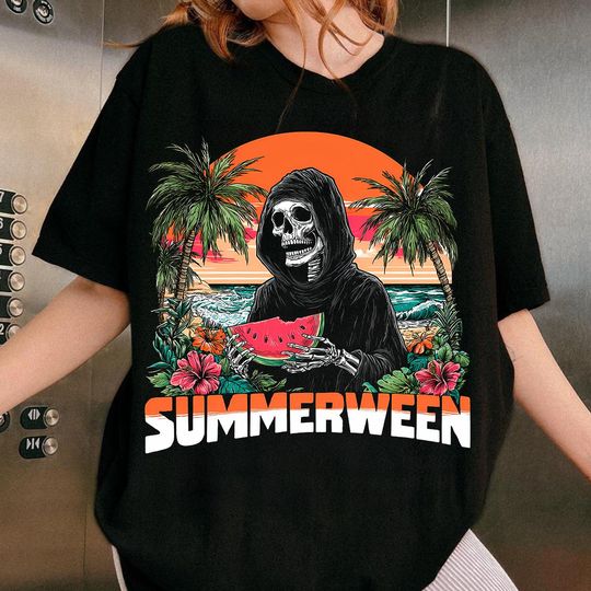 Discover Summerween Skeleton Tropical Beach Scene Shirt, Spooky Summer Shirt