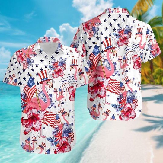Discover Flamingo American Flag 4th of July Hawaiian Shirt, Patriotic USA Aloha Button-Up