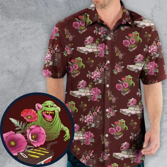 Discover Slimer Ecto-1 Proton Pack Floral Ghostbusters Hawaiian Shirt, Summer Shirt