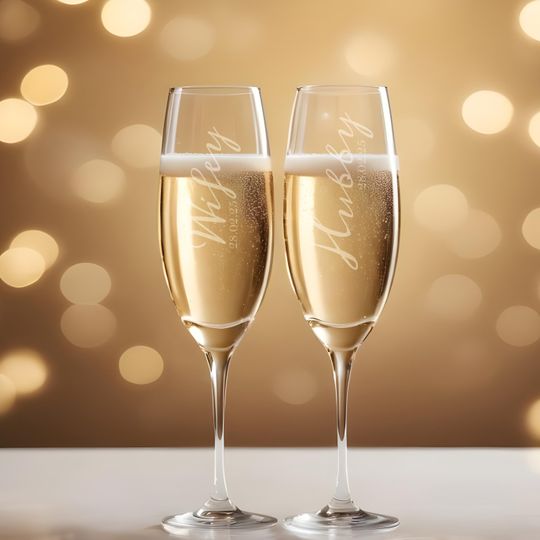 Discover Personalised Date Champagne Flutes Pair, Hubby Wifey Design Couples Champagne