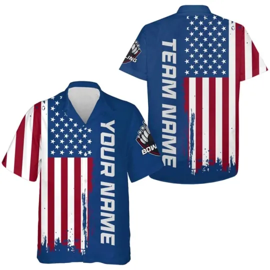 Discover US Flag Bowling Team Shirt For Men Women Custom Name Hawaiian Jersey