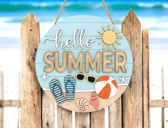 Discover Hello Summer Door Round Wooden Signs Flip Flop Sunglasses Beach Ball