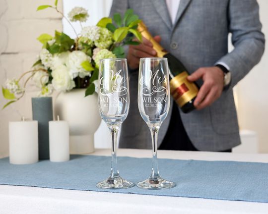 Discover Wedding Mr and Mrs glasses, bride and groom champaign glasses, wedding wine glasses