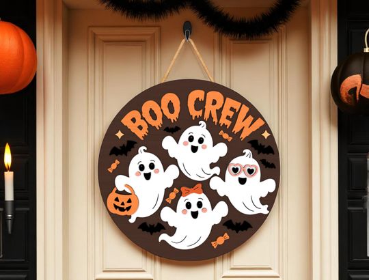 Discover Halloween Door Hanger | Boo Crew Ghost Family Round Wooden Sign  Cute Multilayer Wooden Round Decor
