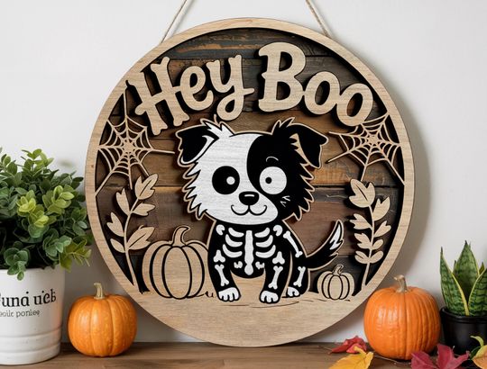 Discover Hey Boo Halloween Dog Door Sign | Border Collie Skeleton Fall Sign | Cute Wooden Round Sign for Pet Lovers