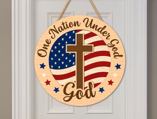 Discover Independence Day Christian Round Wooden Sign  One Nation Under God Round Patriotic Cross Decor  4th of July