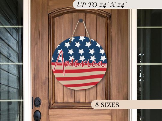 Discover America Door Sign Wooden 4th of July Sign For Front Door Wood Patriotic Sign Made in USA Independence Day Round Wooden Sign
