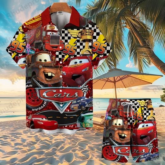 Discover Disneyyy carss Men Women Button Shirt Set Lightningg McQueenn Summer Short