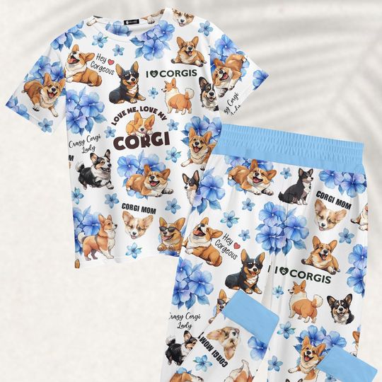 Discover Corgi Dog Pajama Set, Cute Corgi Mom Tshirt And Pant, Floral Dog Lover Matching Pjs, Funny Pet Women Pajamas, Crazy Corgi Gift For Her