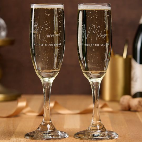 Discover Floral Personalized Mother of the Bride Groom  Champagne Glasses