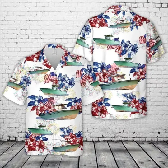Discover Usa Grady White Boats Canyon Center Console Hawaiian Shirt 4th Of July Hawaiian