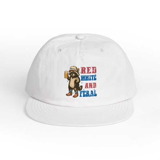 Discover Feral Surf Cap, Red White Hat with Racoon Design, Cute Fourth of July Cap, Beach Hat
