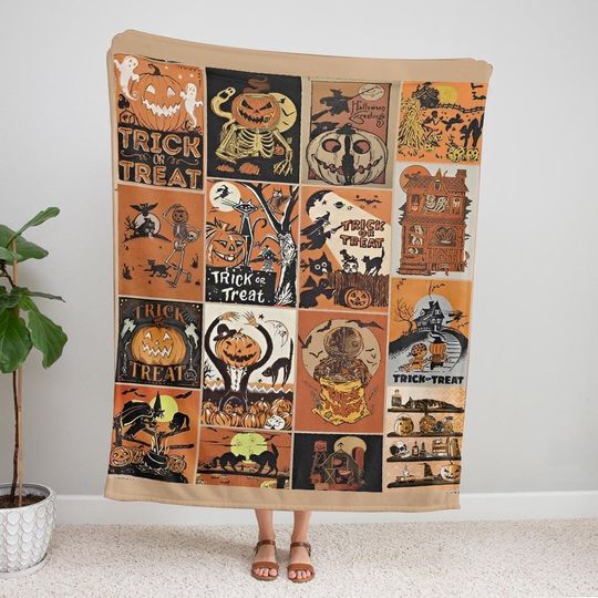 Discover Vintage Spooky Season Halloween Fleece Blanket, Vintage Jack-o'-lantern Blanket