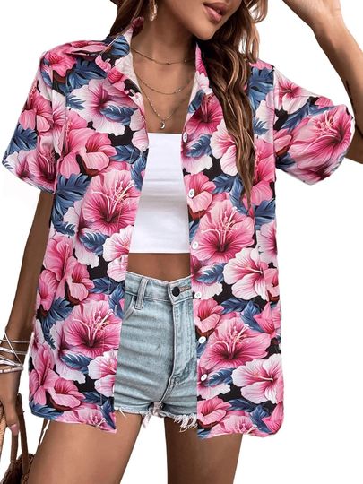 Discover Women's Hawaiian Button Down Tropical Summer Blouses Floral Print Short Sleeve