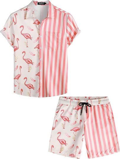 Discover VATPAVE Men's Flamingo Hawaiian Shirt and Shorts Set