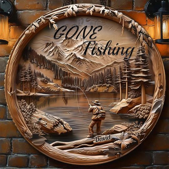 Discover Gone Fishing - Personalized Fishing Round Wood Sign